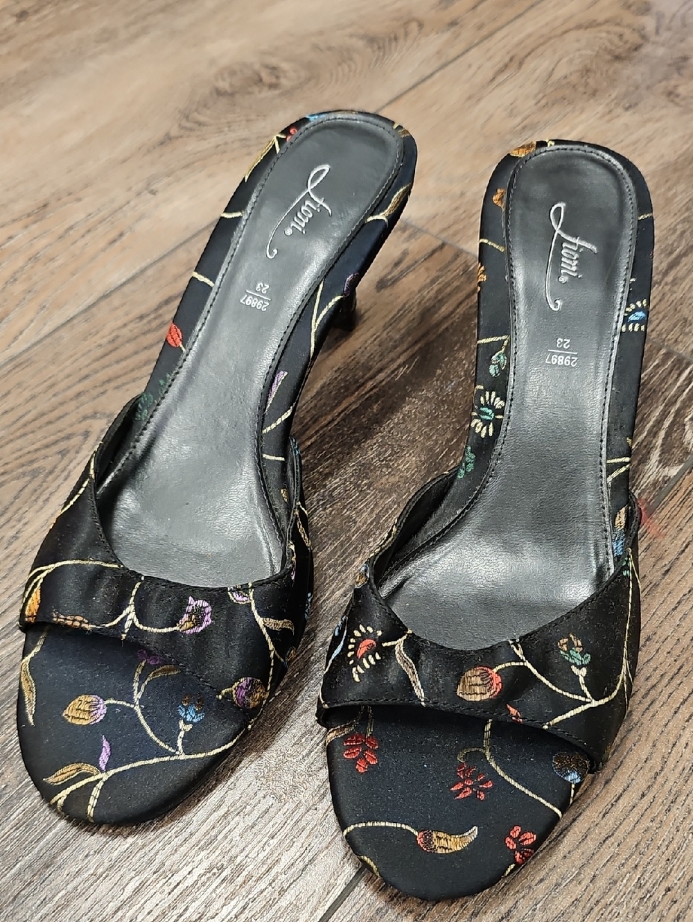Black, Kitten, Satin, Floral, Embroidered, Slip-On, Heels, Summer, Wedding, Cute